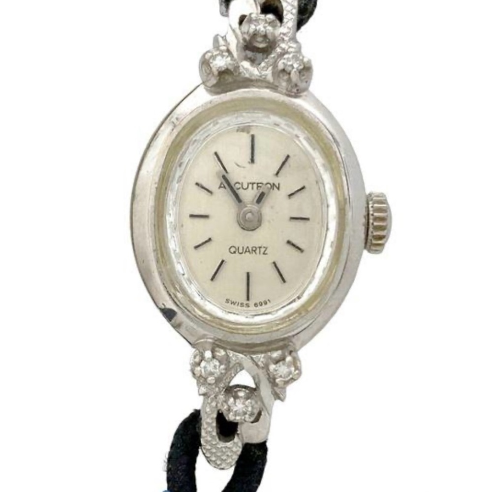 Estate find, vintage working 14K White Gold Diamond Bulova Accutron Swiss Watch